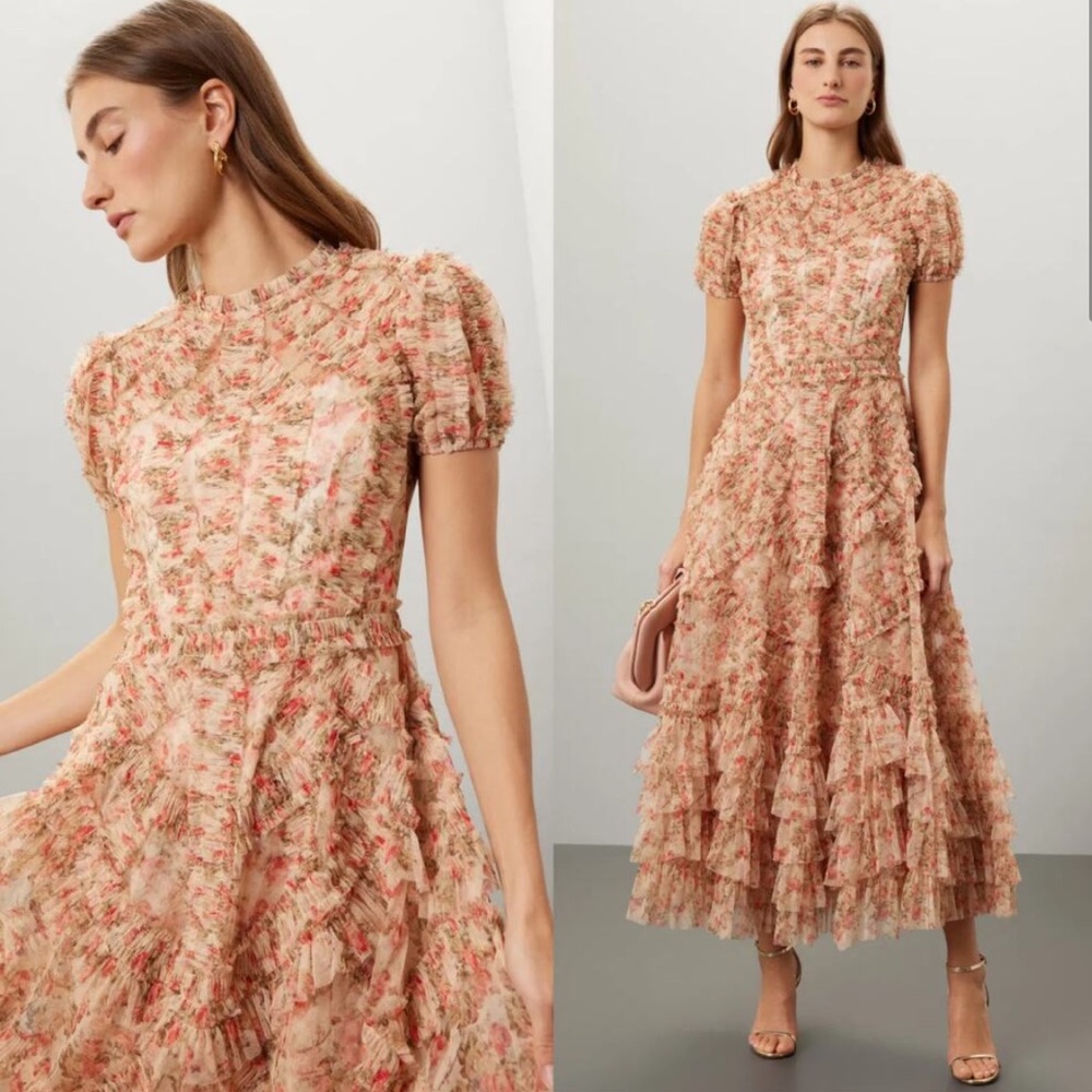 Mac Duggal High Neck Floral Mesh Layered Ruffle Maxi Dress in Cream and Pink